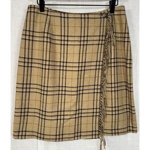 VTG Sag Harbor Women's Sz 12 Petite Plaid Wool Blend Wrap Skirt Fringe Tan